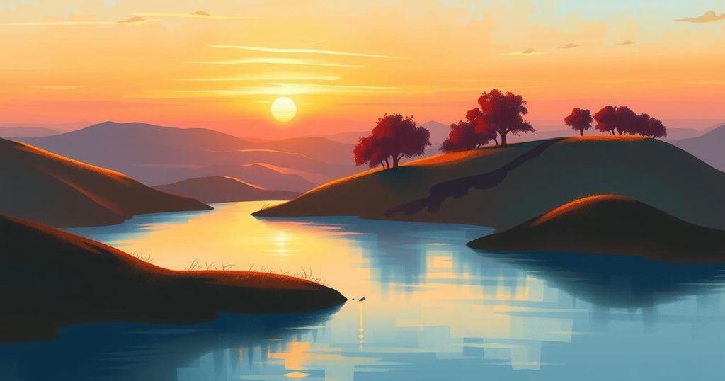 A wistful sunset scene of a beautiful landscape symbolising reflection and change, with warm colours blending gently.