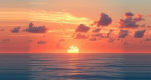 A serene sunset over a calm ocean, with gentle waves and soft clouds, reflecting hues of orange, pink, and purple.