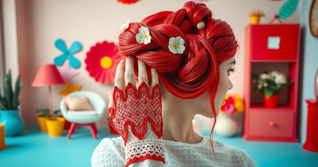 A fashionable red plaited hairpiece on a stylish surface with vibrant lace gloves, reflecting creativity and artistry.