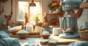 A serene kitchen setting with a large mixer, baking ingredients, and a warm colour scheme, showcasing a happy baking experience.