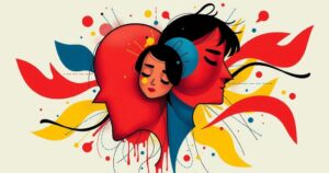 A colourful abstract design with shapes symbolising tension and transformation, representing relationship dynamics.