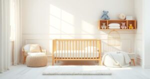 A serene nursery scene with soft pastel colours, a beautifully arranged crib, and delicate baby toys, embodying new beginnings.