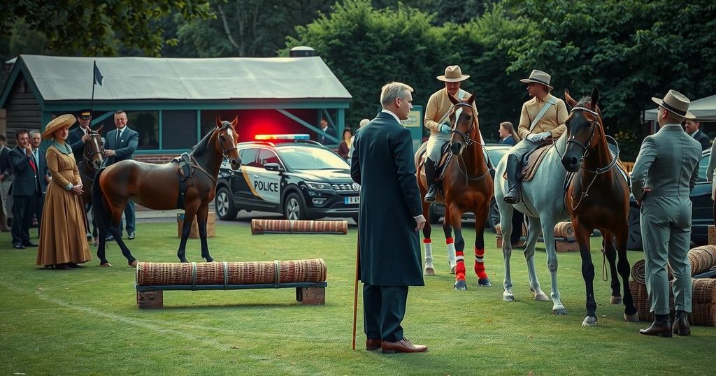 A dramatic film set scene with equestrian elements, featuring actors in costumes and a police car in the background.