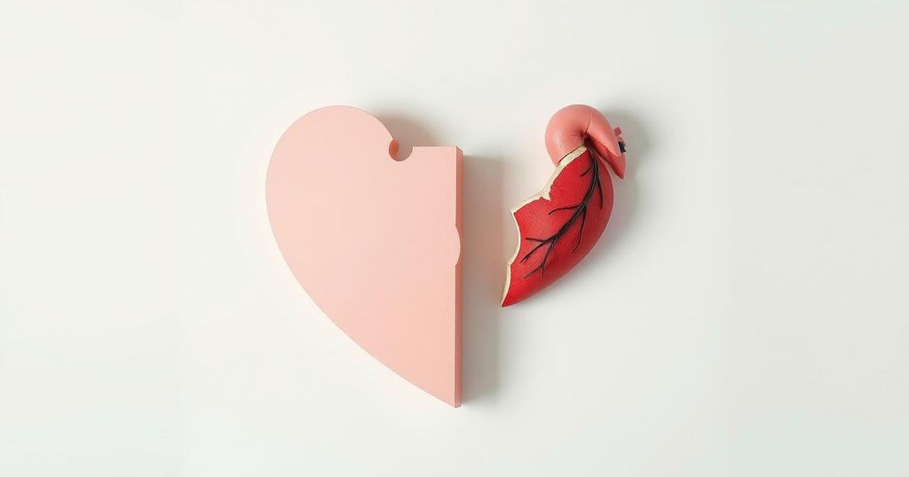 A heart and a broken heart symbolising love and separation, painted in soft pastel colours depicting vulnerability.
