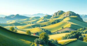 A serene landscape with soft hills, vibrant greenery under a clear blue sky, conveying hope and reflection.
