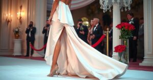Elegant white gown at Cannes with flowing cape and thigh-high slit, adorned with red roses against an elegant backdrop.