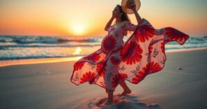 A radiant floral dress on a tranquil beach scene, with a baby bump silhouette and soft natural tones.