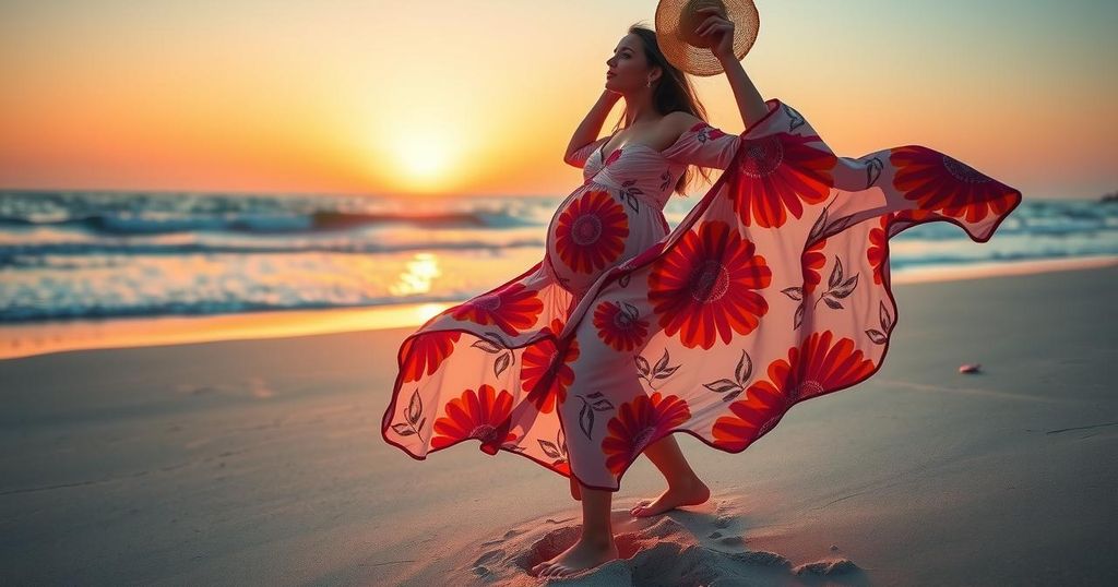 A radiant floral dress on a tranquil beach scene, with a baby bump silhouette and soft natural tones.