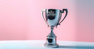 A celebratory trophy set against a soft pastel background, symbolising achievement and success in entertainment.