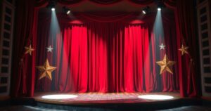 A dramatic scene of Bollywood lights and a prohibitive red curtain expressing scandal in a glamorous setting.