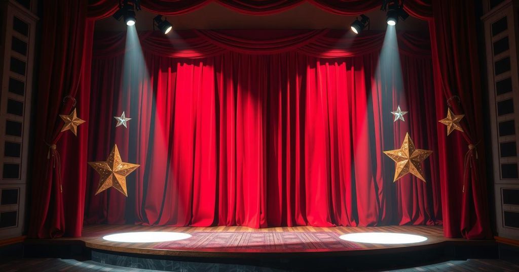 A dramatic scene of Bollywood lights and a prohibitive red curtain expressing scandal in a glamorous setting.