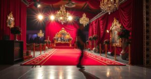 A red carpet scene at a film festival showcasing vibrant lights and elegant decorations.