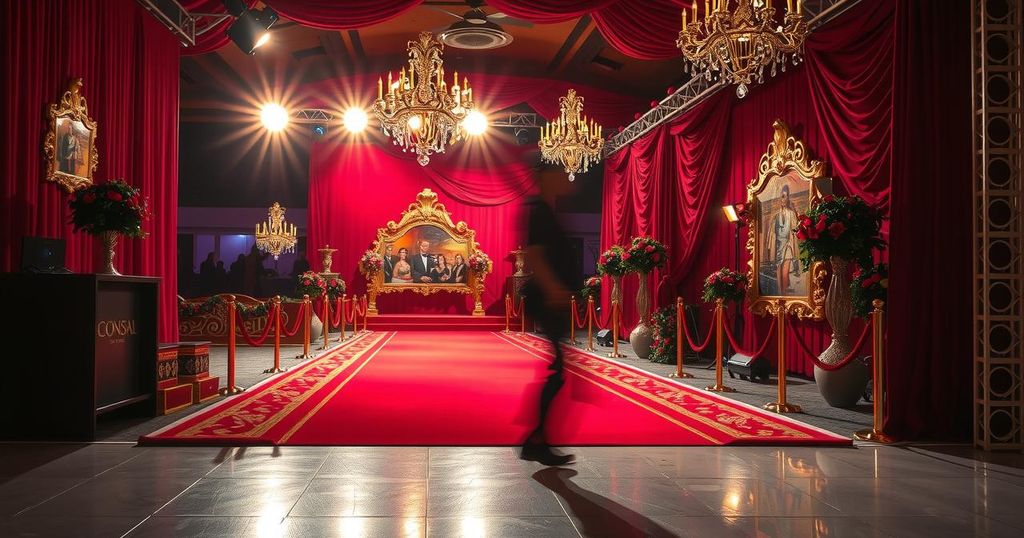 A red carpet scene at a film festival showcasing vibrant lights and elegant decorations.
