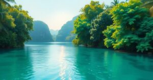 A serene Thai landscape with lush greenery and a tranquil water body, symbolising collaboration and mentorship.