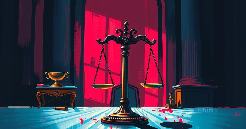 A dramatic courtroom scene with symbolic scales and shadows, reflecting betrayal and conflict in a vibrant colour palette.