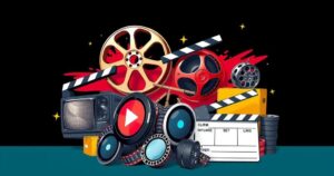 Cinematic collage of iconic film and TV symbols, representing Hollywood's reckoning with misconduct allegations.