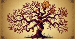 A family tree intertwining various ancestral roots amidst historical elements, showcasing nobility and diversity.