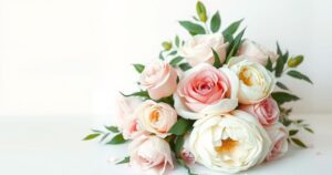 A serene wedding planning scene with a delicate white floral arrangement, soft pastel tones, and artistic watercolour style.