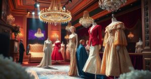 A glamorous scene of a stylish awards show with couture outfits, shimmering lights, and an elegant atmosphere.