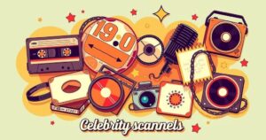 A retro depiction of the 1970s with memorabilia representing celebrity scandals in vibrant colours.