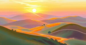 A serene landscape with a warm sunset, symbolising love and hidden relationships, in soft pastels and gentle hues.
