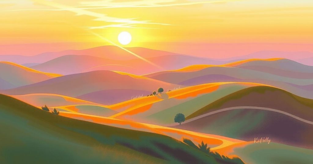 A serene landscape with a warm sunset, symbolising love and hidden relationships, in soft pastels and gentle hues.