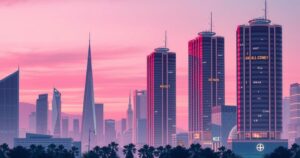 A stylised cityscape at dusk, with soft pink and purple hues, capturing a vibrant urban life inspired by classic fashion shows.