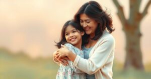 A mother and daughter sharing a tender moment, capturing the essence of familial love, in warm, soft colours.