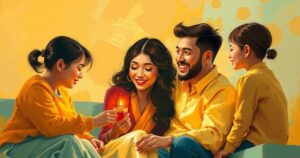 A warm, intimate family gathering scene, showcasing vibrant colours and soft textures, embodying love and connection.