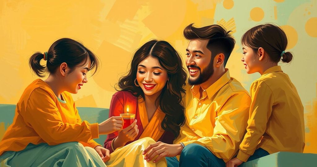 A warm, intimate family gathering scene, showcasing vibrant colours and soft textures, embodying love and connection.