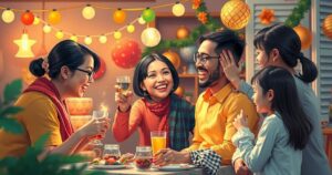 A festive scene of a vibrant family gathering with colourful decorations and joyful atmosphere.
