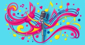 Vibrant design featuring musical notes, a microphone, and bright colours symbolising creativity and cultural homage.