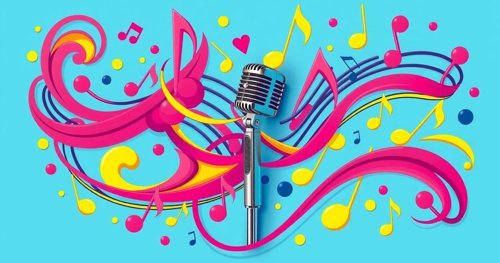 Vibrant design featuring musical notes, a microphone, and bright colours symbolising creativity and cultural homage.