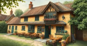 A rustic pub in the Cotswolds, featuring outdoor seating and local produce displays, capturing British charm and warmth.