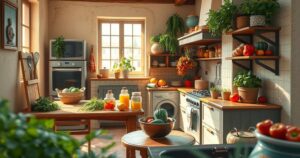 A warm and inviting kitchen scene featuring cooking utensils, fresh vegetables, and a beautiful wooden table.