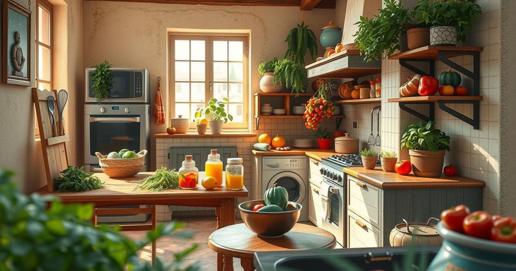 A warm and inviting kitchen scene featuring cooking utensils, fresh vegetables, and a beautiful wooden table.