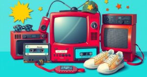 A retro-themed scene capturing the essence of the 1990s pop culture with vibrant colors.