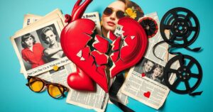 A collage depicting iconic symbols of 1970s scandals like a broken heart, a newspaper headline, and vintage film reel.