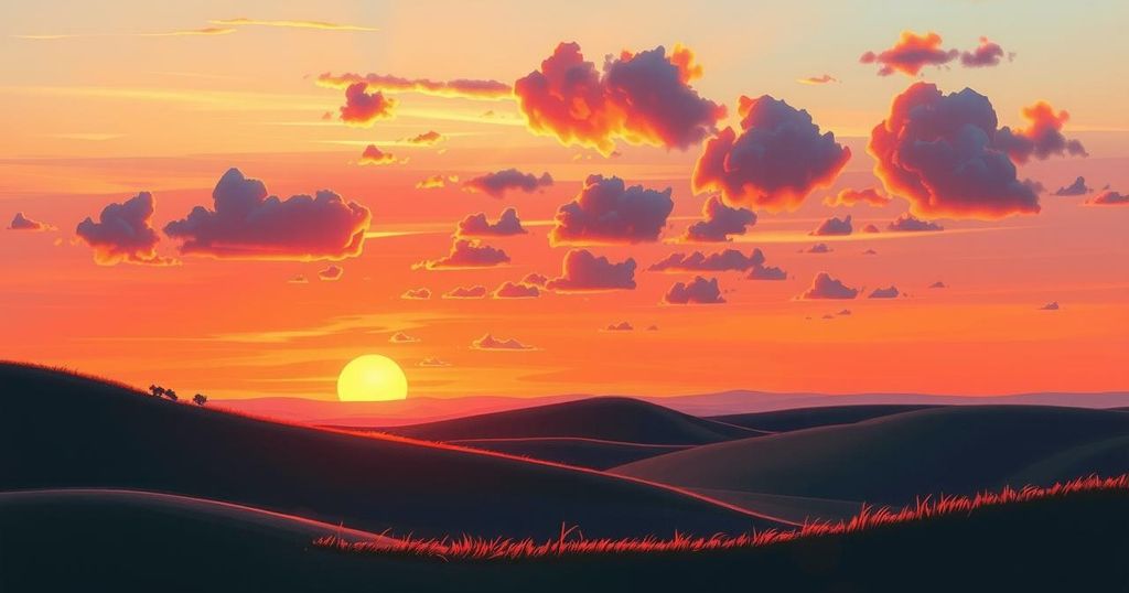 A serene landscape featuring a sunset behind gentle hills, symbolising a poignant farewell to a long relationship.