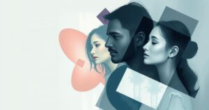 Abstract digital art representing familial relationships and business dynamics with muted tones and geometric shapes.