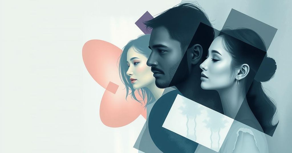 Abstract digital art representing familial relationships and business dynamics with muted tones and geometric shapes.