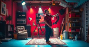 Abstract depiction of a film set with colourful props and dramatic shadows, evoking tension and a cinematic atmosphere.