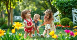 A serene family gathering scene with three playful children in a sunny park, surrounded by lush greenery and vibrant flowers.