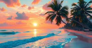 A vibrant sunset over a tropical beach representing paradise, with palm trees and gentle waves.