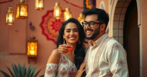 A couple celebrating their engagement in a picturesque Moroccan setting with vibrant tapestries and exotic decor.