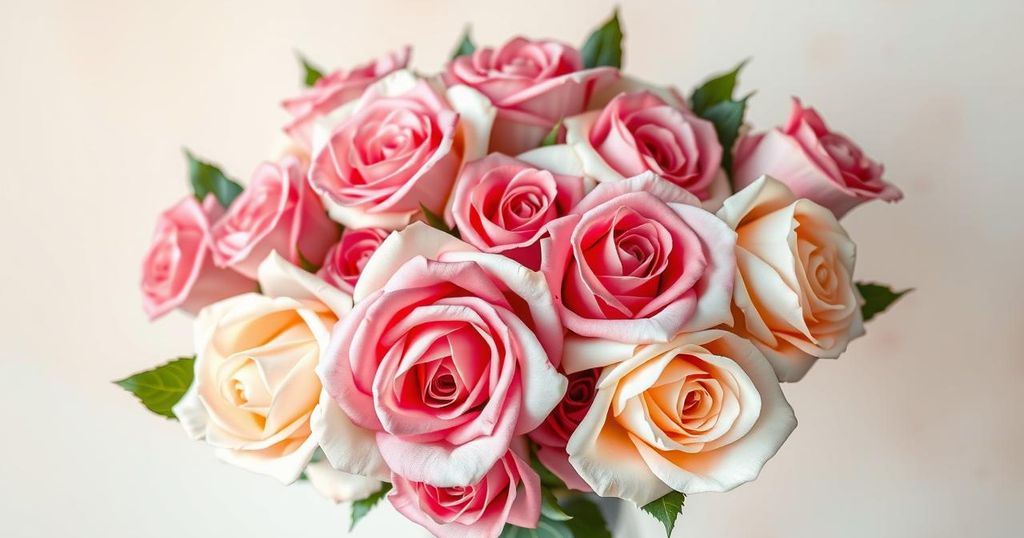 A vibrant bouquet of roses symbolizing love and commitment, set against a soft pastel background.