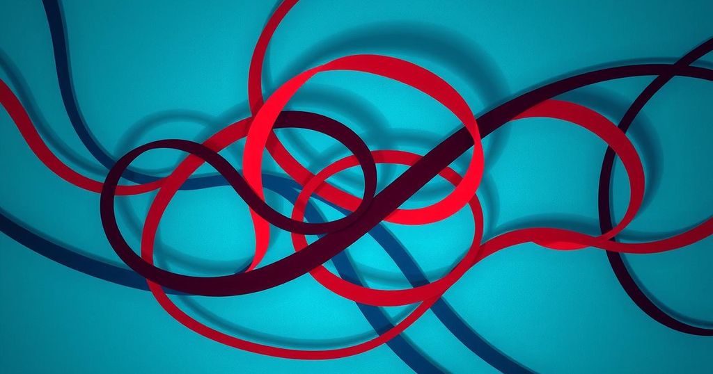 Abstract representation of a complex relationship with intertwining paths and contrasting colours symbolizing emotions.