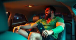 Buff physique showcased in green shirt and black shorts inside a car after prison release.