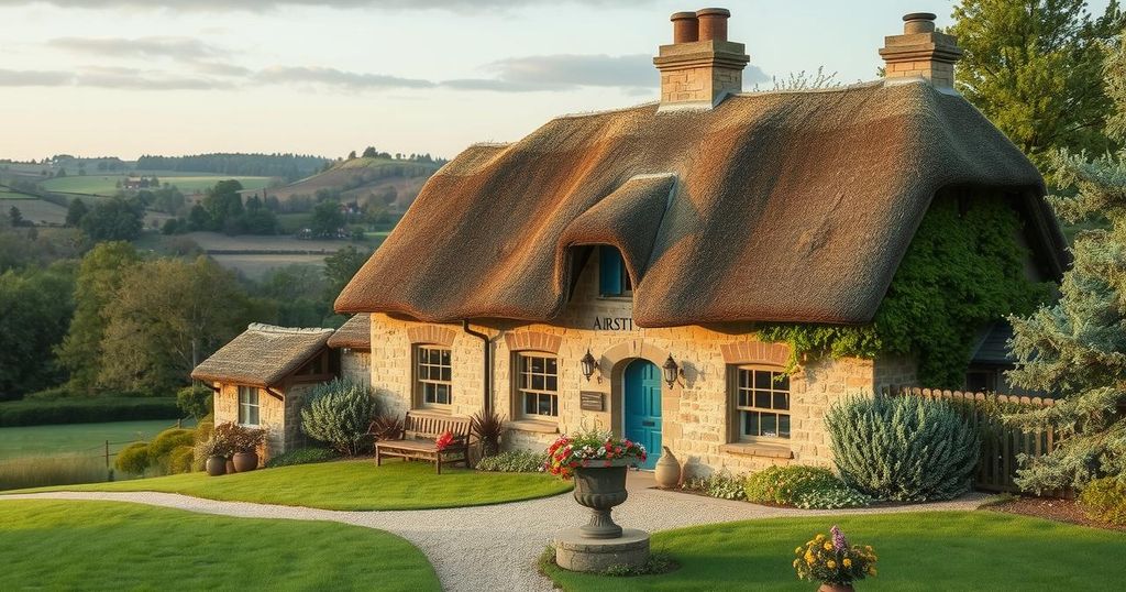 A tranquil English countryside home, with scenic greenery and a rustic charm, reflecting a peaceful family life.