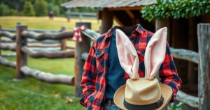 A romantic scene featuring a plaid shirt and denim with festive bunny ears by a rustic fence.